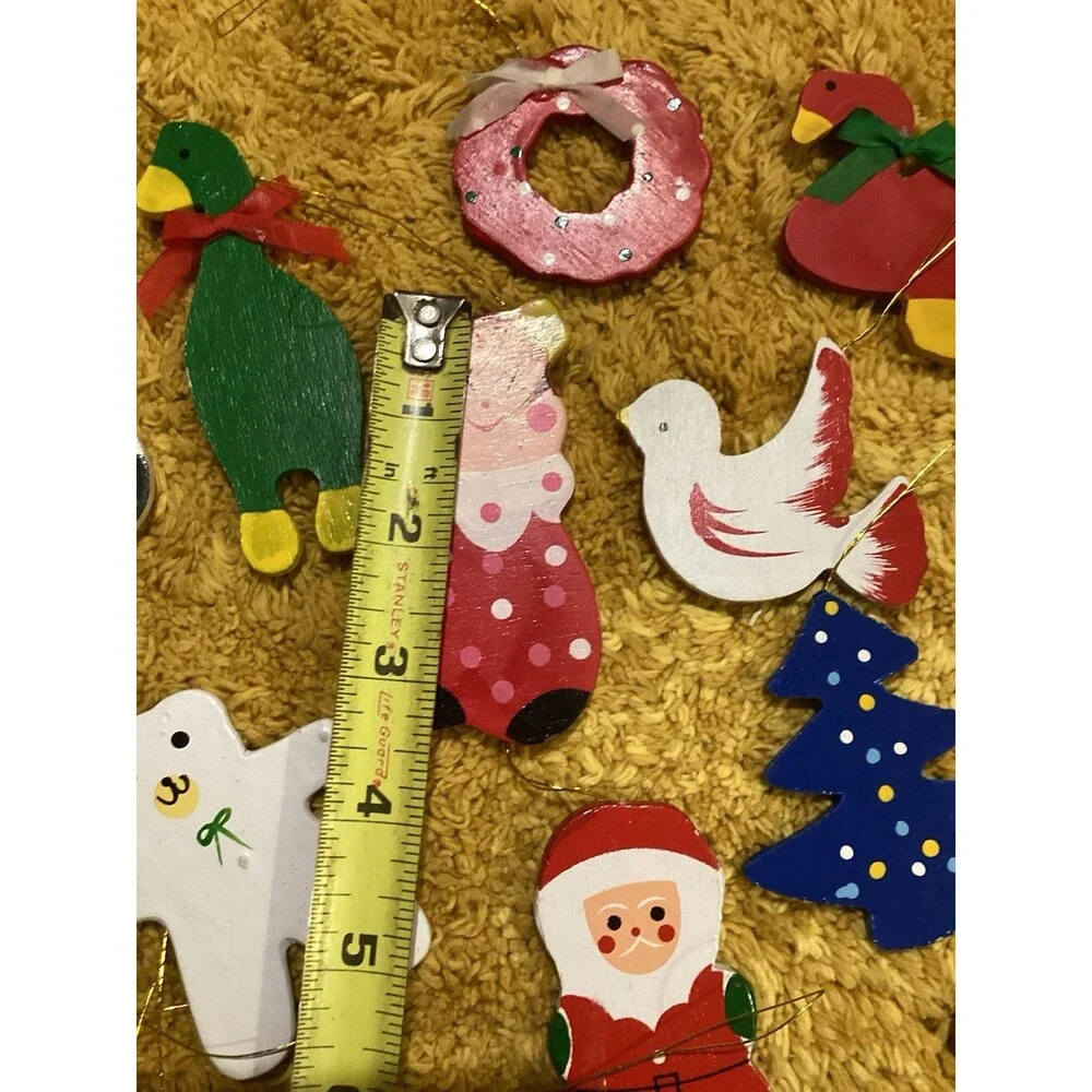 Wooden Painted Flat Christmas Tree Ornaments 17 Holiday Themed Decorations